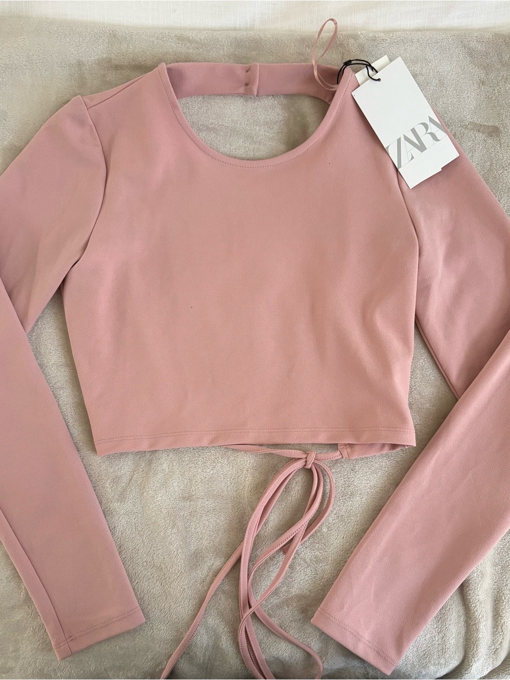 Zara Dusty Pink Long-Sleeve Cropped Tie-Front Top